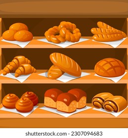 A wooden shelf full of pastries in a bakery. Baked goods on a stand in a grocery store. Cinnamon rolls, bread, croissants, baguette and chocolate buns are on display. Cartoon vector illustration.