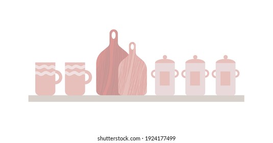 Wooden shelf with kitchen utensils. Vector flat style kitchen dishes. Pastel colors plates, jars, bottles. cutting boards, cups. Kitchen tools simple illustration. Home interior decor.