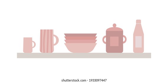 Wooden shelf with kitchen utensils. Vector flat style kitchen dishes. Pastel colors plates, jars, bottles, bowls.