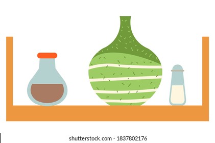 Estante de madera en vectores de cocina, mesa aislada con jarrón y botellas con especias. Sal y pimienta de salchicha para la preparación de alimentos, recipientes para la comida