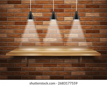 Prateleira de madeira e luzes em uma parede de tijolos. Ilustração vetorial.