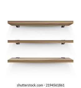 Wooden shelf mockup. Three empty shelves template. Realistic bookshelf design. Home interior elements on a wall. Vector illustration.