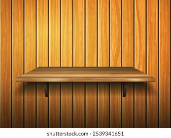 Estante de madera sobre un fondo de madera. Ilustración vectorial.
