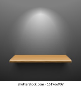 Wooden shelf on dark wall. Vector.