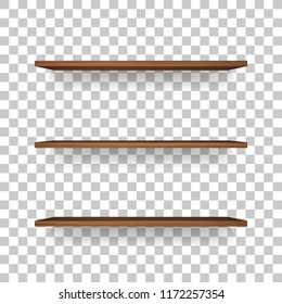 Wooden shelf on transparent background with soft shadow. 3D empty wooden shelves. Vector illustration.