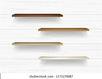 Wooden shelf on white wall background with soft shadow. Vector illustration.