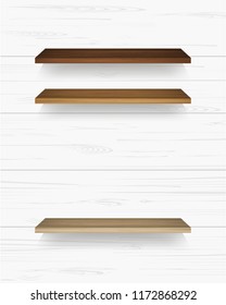 Wooden shelf on white wall background with soft shadow. Vector illustration.