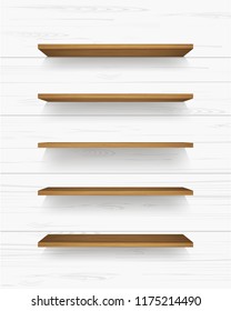 Wooden shelf on white wall background with soft shadow. Vector illustration.