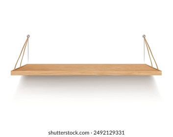 Wooden shelf on a white wall. Vector illustration