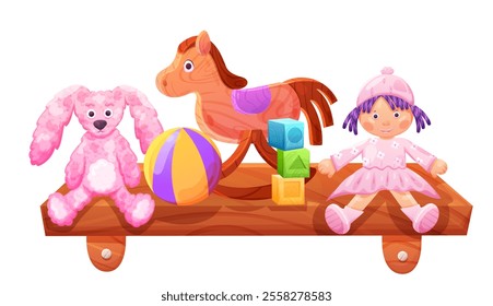 Wooden shelf with plush teddy toy and Montessori cubes