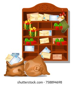 Wooden shelf Santa Claus with Christmas gifts and parcels isolated on a white background. Vector cartoon close-up illustration.