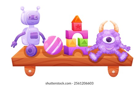 Wooden shelf with toy ball, cubes and robot