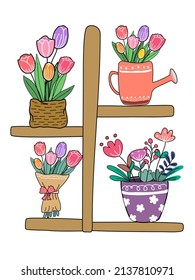 Wooden shelf and tulip bouquets, colorful doodle style designs for cards, springs, home decor, clothing patterns, fabric patterns, decorative pillows, t-shirts, digital printing, canvas, kids, crafts,