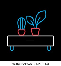 Wooden shelf with two potted plants vector on black background icon. Graph symbol for furniture, web site and apps design, logo, app, UI