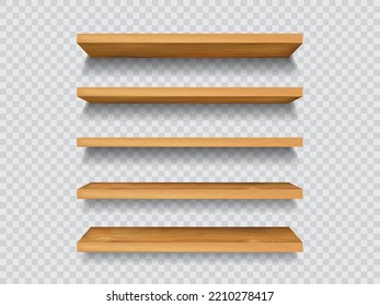 Wooden shelf, wood shelves or bar stands and supermarket displays, realistic 3D vector. Bookshelf mockup on transparent wall, table or cabinet racks, exhibition stand or library desk shelves