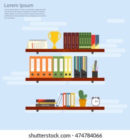 Wooden shelves with books and folders. Office interior in flat design. Vector illustration. 