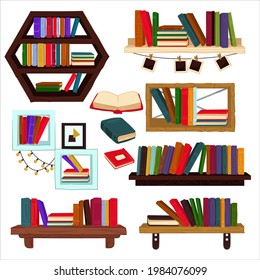 Wooden Shelves With Books And Textbooks, Isolated Home Library Or School References. Volumes And Encyclopedia For Students And Pupils. Shop Or Store For Bookworms Readers. Vector In Flat Style