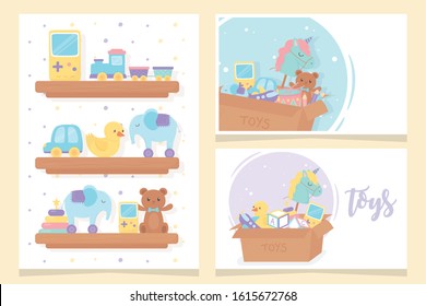 wooden shelves and boxes cartoon kids toys vector illustration