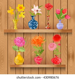 Wooden shelves  with collection of glass vases with lovely flowers for your design