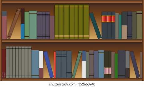 Wooden shelves with colorful books in flat style.