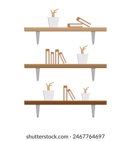 Wooden shelves hanging on aluminium stand vector set