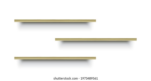 Wooden shelves hanging on the white wall. Minimalist shelves vector illustration.