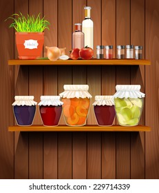 Wooden shelves with the herbs, vegetable, glasses, spices and jam in the pantry - vector illustration