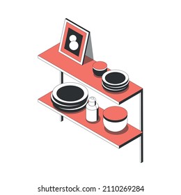 Wooden shelves for kitchen interior with plates and bottles isometric icon 3d vector illustration