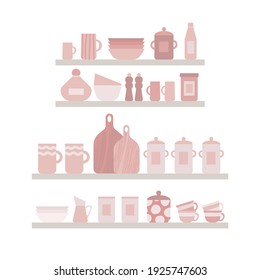 Wooden shelves with kitchen utensils. Vector flat style kitchen dishes. Pastel colors plates, jars, bottles. Cooking tools. 