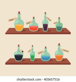 Wooden Shelves with Magical Potions. Vector Illustration