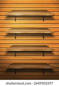 Wooden shelves on a wooden background. Vector illustration.