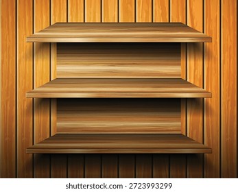 Estantes de madera sobre un fondo de madera. Ilustración vectorial.