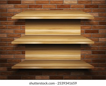 Wooden shelves on a brick wall. Vector illustration.