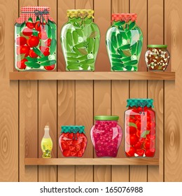 wooden shelves with  organic food