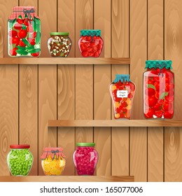 wooden shelves with  organic food