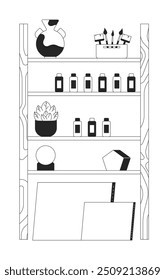 Wooden shelves painting tools black and white 2D line object. Shelving bottles paintbrushes. Paints brushes canvas art supplies isolated clip art vector outline item. Monochromatic spot illustration