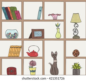 Wooden shelves pattern background. Different colorful hand drawn items EPS10