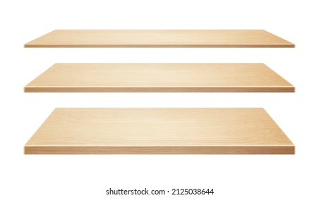 Wooden shelves set isolated on a white background. Vector realistic illustration 