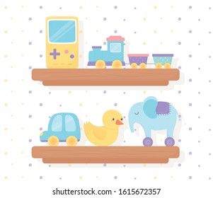 wooden shelves with train duck elephant car portable video game cartoon kids toys vector illustration