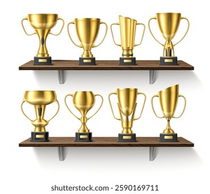 Wooden shelves with trophy cups. Golden glossy awards. 3D winner rewards on shelving. Interior rack at wall. First place. Championship achievement. Competition leader