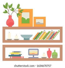 Wooden shelves vector, bookcase with books flat style. Vase with flowers, floral decoration, framed photos, aromatic candles and bowls handmade pots