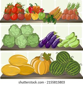 Wooden shelves with vegetables.Wooden shelves with vegetables on a colored background in vector illustration.