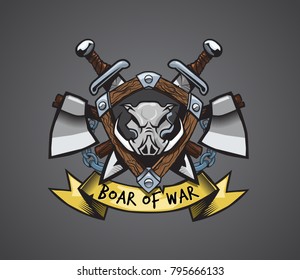Wooden shield with the boar scull on it, with two swords and two axes behind it and vintage banner with title "Boar of war". Comics vector concept.