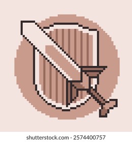 Wooden Shield and Bronze Sword, Pixel Art Style Illustration