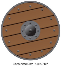 Wooden shield medieval Bound steel. Vector illustration.