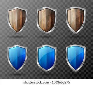 Wooden shield metal frame realistic vector illustration. Blank brown wooden, blue glass panel with reflection glow, award trophy or certificate template, front view isolated on transparent background