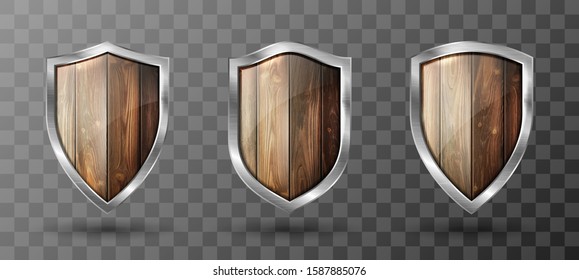 Wooden shield with metal frame realistic vector illustration. Blank vintage brown wooden panel with reflection glow, award trophy or certificate template, front view isolated on transparent background