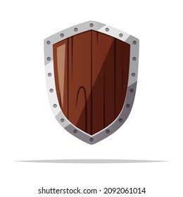 Wooden shield with metal frame vector isolated illustration