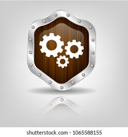 wooden shield and settings symbol. Vector illustration