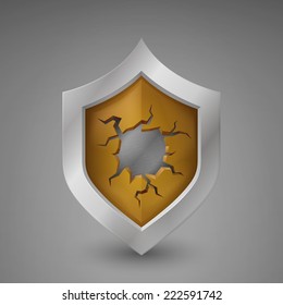Wooden shield in a steel frame with a crack down the middle. Isolated on a gray background. Vector illustration.